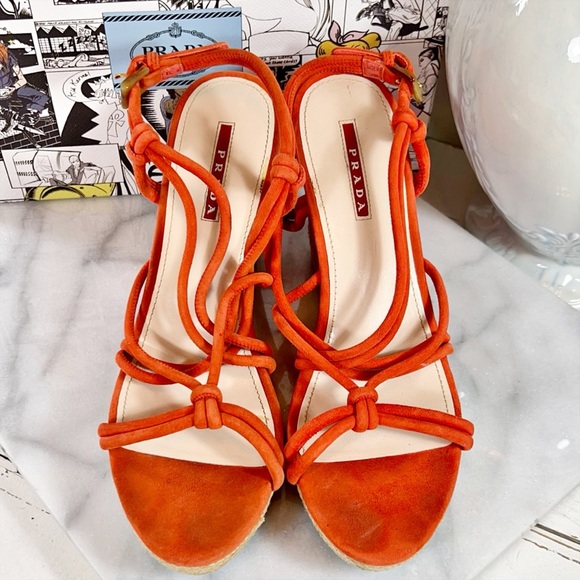 Prada Orange Suede Strappy Wedge Sandals - Picture 2 of 8